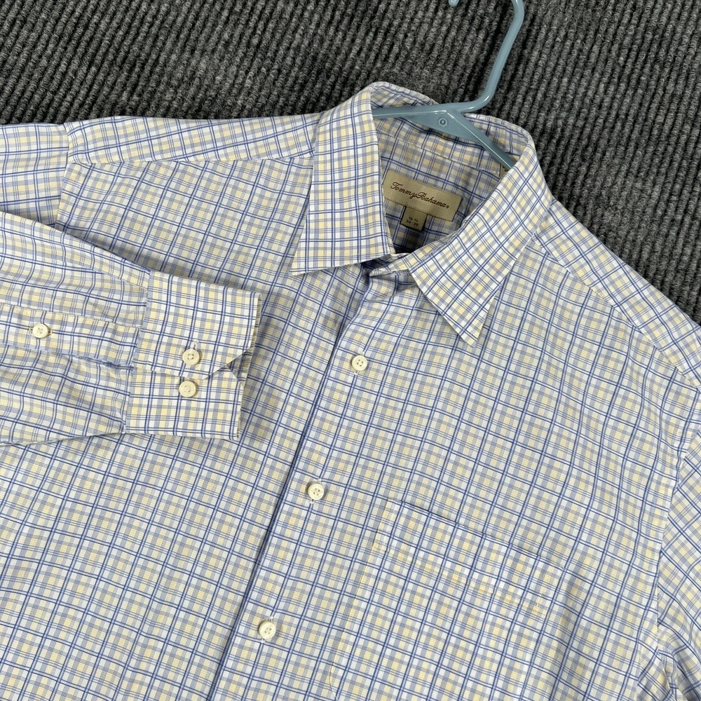 Tommy Bahama Shirt Mens 15.5 Blue Yellow Plaid Long Sleeve Button Up Casual